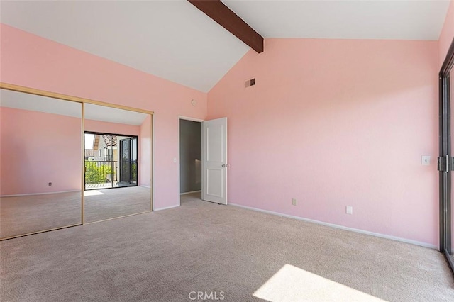 16227 Glencove Dr, Hacienda Heights, CA 91745 - unfurnished bedroom with beam ceiling, carpet floors, high vaulted ceiling, baseboards, and a closet