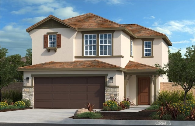 30497 Tesoro Ranch Ct, Homeland, CA 92548 - view of front of property featuring a garage, stone siding, concrete driveway, and stucco siding