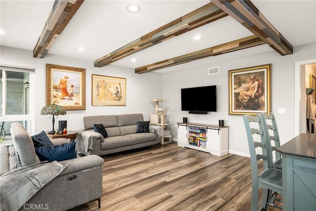 1624 Kingston Rd, Placentia, CA 92870 - living room featuring wood finished floors, beamed ceiling, recessed lighting, and baseboards