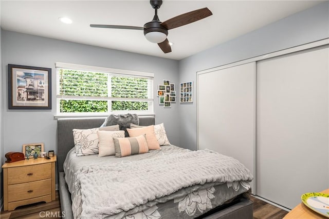 1624 Kingston Rd, Placentia, CA 92870 - bedroom with a closet, wood finished floors, recessed lighting, and a ceiling fan