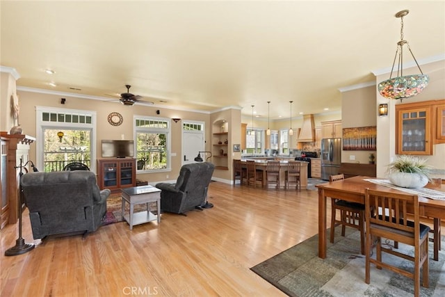 5 Sycamore Valley Rd, Chico, CA 95973 - living room featuring ornamental molding, healthy amount of natural light, a ceiling fan, light wood-style floors, and recessed lighting