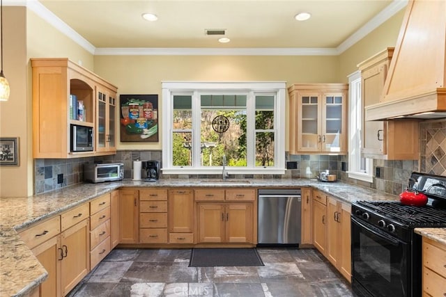 5 Sycamore Valley Rd, Chico, CA 95973 - kitchen featuring appliances with stainless steel finishes, a sink, premium range hood, light brown cabinetry, and glass insert cabinets
