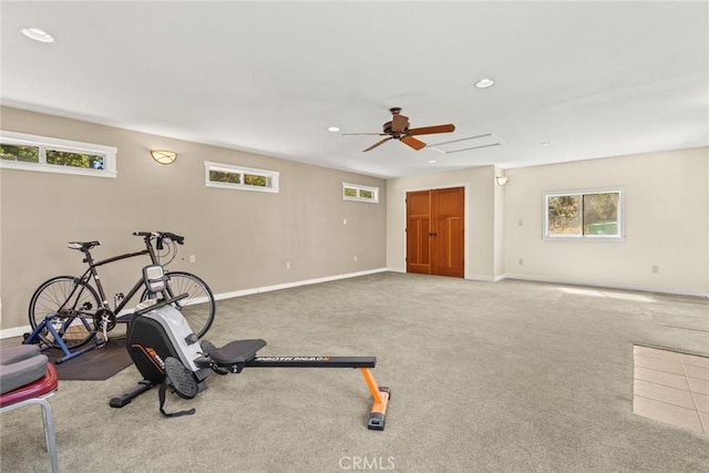 5 Sycamore Valley Rd, Chico, CA 95973 - exercise room featuring healthy amount of natural light, a ceiling fan, baseboards, carpet floors, and recessed lighting