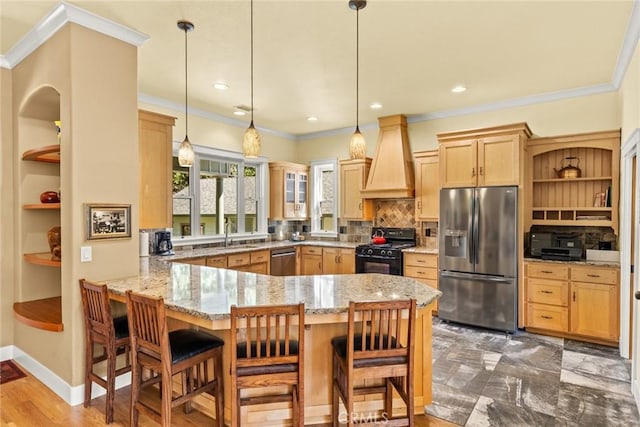 5 Sycamore Valley Rd, Chico, CA 95973 - kitchen with appliances with stainless steel finishes, open shelves, custom range hood, a peninsula, and crown molding