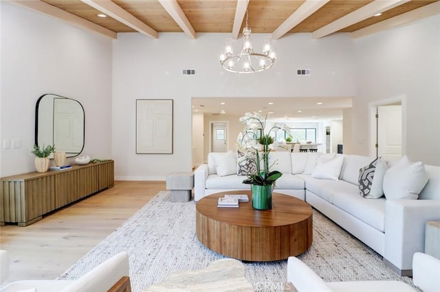 12312 Eveningside Dr, Santa Ana, CA 92705 - living room featuring light wood-style flooring, high vaulted ceiling, a chandelier, beam ceiling, and recessed lighting