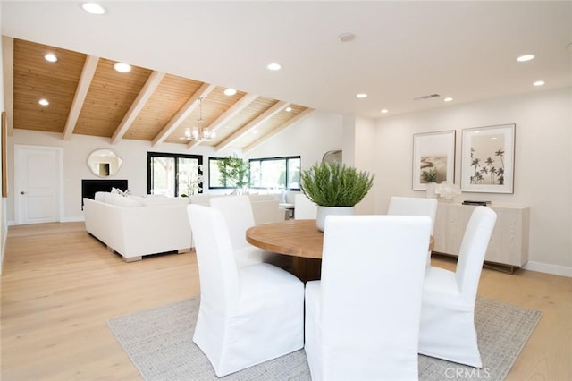 12312 Eveningside Dr, Santa Ana, CA 92705 - dining space with wooden ceiling, light wood-style floors, recessed lighting, a chandelier, and baseboards