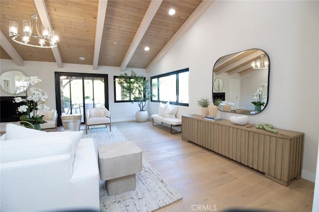 12312 Eveningside Dr, Santa Ana, CA 92705 - living room featuring a chandelier, light wood finished floors, wooden ceiling with exposed beams, baseboards, and recessed lighting