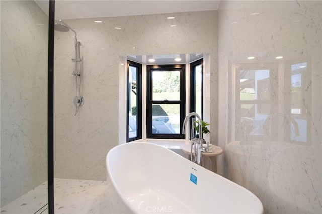 12312 Eveningside Dr, Santa Ana, CA 92705 - full bathroom featuring a sink, a marble finish shower, and a freestanding bath