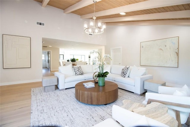 12312 Eveningside Dr, Santa Ana, CA 92705 - living room featuring light wood-style flooring, a chandelier, baseboards, wood ceiling with exposed beams, and high vaulted ceiling