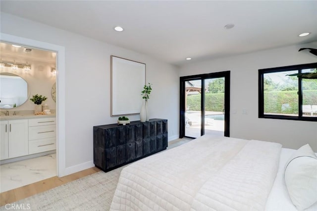 12312 Eveningside Dr, Santa Ana, CA 92705 - bedroom with access to outside, a sink, baseboards, connected bathroom, and recessed lighting