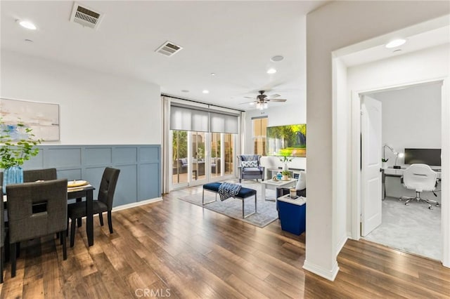 2974 E Walking Beam Pl, Brea, CA 92821 - living room featuring wood finished floors, a ceiling fan, an office area, and recessed lighting