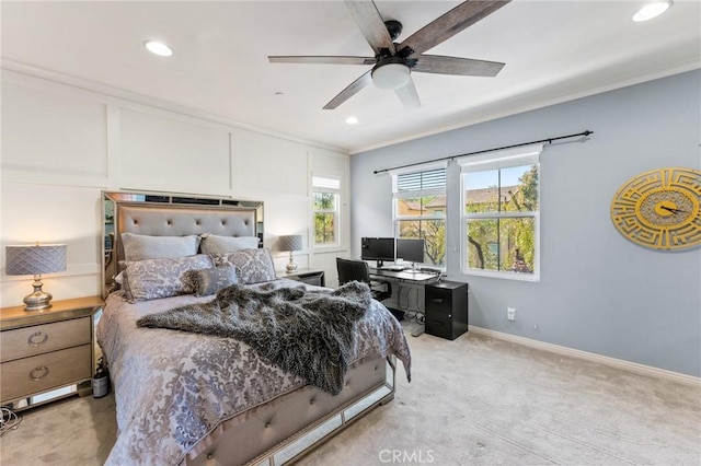 2974 E Walking Beam Pl, Brea, CA 92821 - bedroom with light colored carpet, crown molding, recessed lighting, baseboards, and a ceiling fan