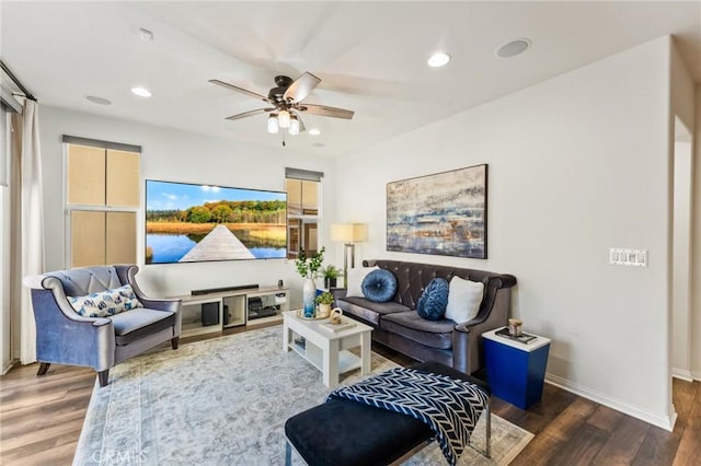 2974 E Walking Beam Pl, Brea, CA 92821 - living area featuring wood finished floors, ceiling fan, recessed lighting, and baseboards