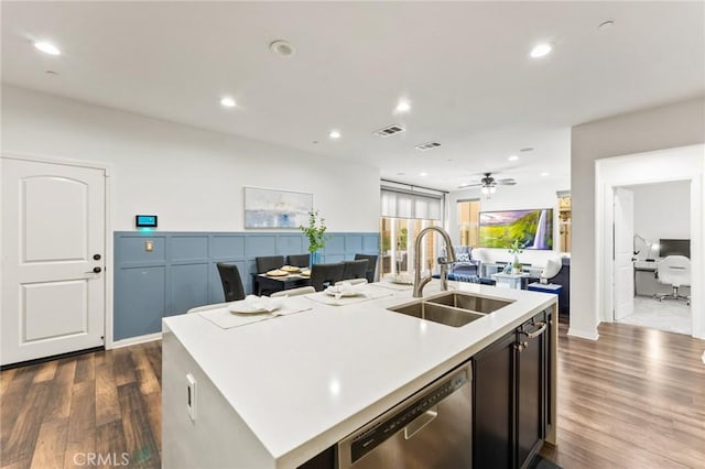 2974 E Walking Beam Pl, Brea, CA 92821 - kitchen with a sink, dishwasher, open floor plan, dark wood-type flooring, and light countertops