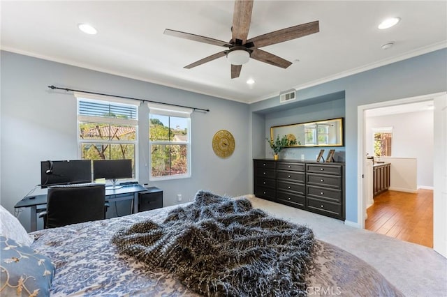 2974 E Walking Beam Pl, Brea, CA 92821 - carpeted bedroom featuring crown molding, recessed lighting, a desk, a ceiling fan, and baseboards