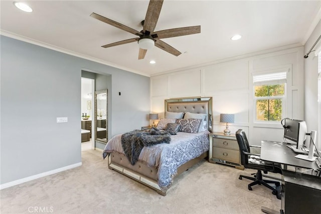 2974 E Walking Beam Pl, Brea, CA 92821 - bedroom featuring light colored carpet, recessed lighting, crown molding, a desk, and baseboards