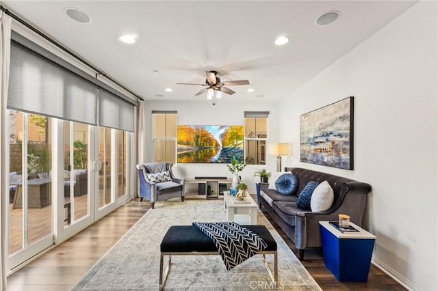 2974 E Walking Beam Pl, Brea, CA 92821 - living area with wood finished floors, ceiling fan, and recessed lighting