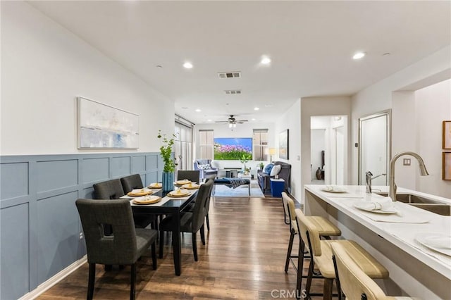 2974 E Walking Beam Pl, Brea, CA 92821 - dining area with recessed lighting, a ceiling fan, and dark wood-type flooring