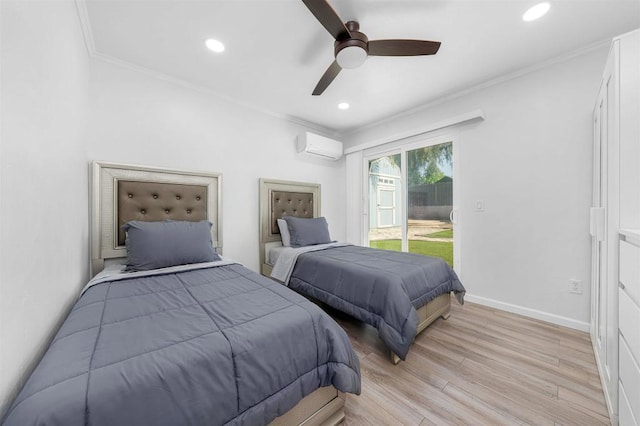 3117 Cherimoya St, Jamul, CA 91935 - bedroom featuring access to outside, crown molding, recessed lighting, light wood-style floors, and an AC wall unit