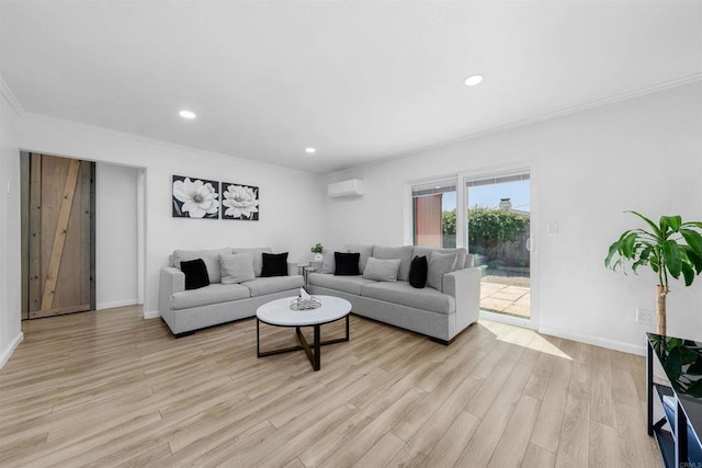 3117 Cherimoya St, Jamul, CA 91935 - living room with a wall unit AC, crown molding, light wood-style flooring, recessed lighting, and baseboards