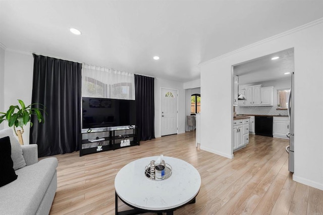 3117 Cherimoya St, Jamul, CA 91935 - living room with light wood-type flooring, crown molding, recessed lighting, and baseboards