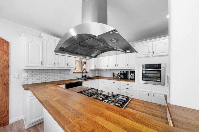 3117 Cherimoya St, Jamul, CA 91935 - kitchen with wooden counters, appliances with stainless steel finishes, island exhaust hood, a sink, and tasteful backsplash