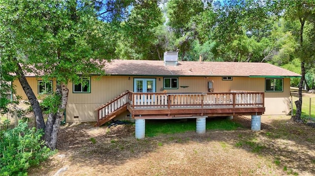 51864 Mountain Quail Pl, Oakhurst, CA 93644 - back of house with french doors, a deck, a chimney, and crawl space