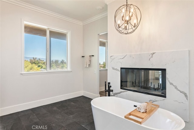 38855 Bella Vista Rd, Temecula, CA 92592 - living area with ornamental molding, baseboards, a premium fireplace, and a chandelier