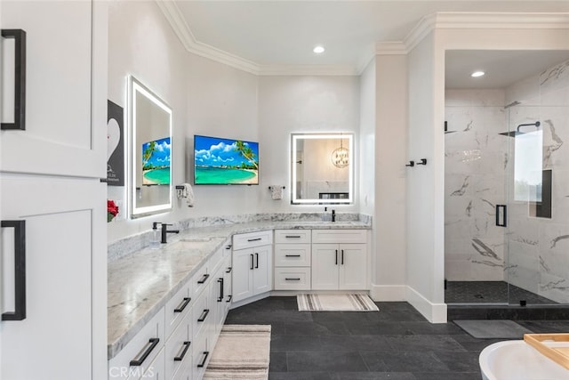 38855 Bella Vista Rd, Temecula, CA 92592 - full bath featuring a marble finish shower, double vanity, crown molding, recessed lighting, and baseboards