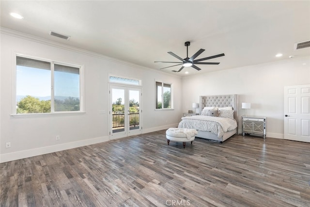 38855 Bella Vista Rd, Temecula, CA 92592 - bedroom with access to exterior, ornamental molding, wood finished floors, baseboards, and recessed lighting