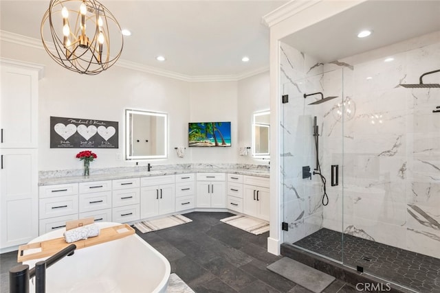 38855 Bella Vista Rd, Temecula, CA 92592 - bathroom with crown molding, a marble finish shower, a chandelier, vanity, and recessed lighting