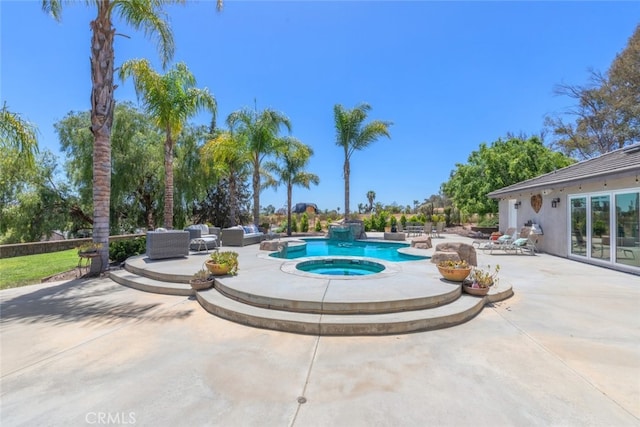 38855 Bella Vista Rd, Temecula, CA 92592 - swimming pool with an in-ground hot tub, a patio, and an outdoor hangout area