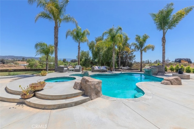 38855 Bella Vista Rd, Temecula, CA 92592 - swimming pool featuring an outdoor living space, an in-ground hot tub, and a patio area