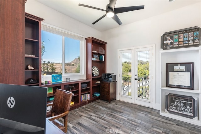 38855 Bella Vista Rd, Temecula, CA 92592 - office featuring ceiling fan, wood finished floors, and french doors