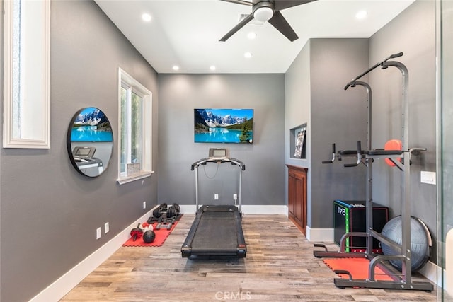 38855 Bella Vista Rd, Temecula, CA 92592 - exercise area with light wood-style flooring, ceiling fan, baseboards, and recessed lighting
