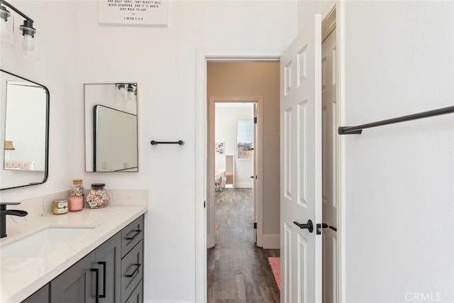 38855 Bella Vista Rd, Temecula, CA 92592 - bathroom featuring wood finished floors, vanity, and baseboards