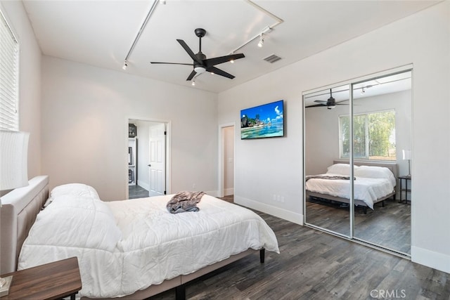 38855 Bella Vista Rd, Temecula, CA 92592 - bedroom featuring rail lighting, wood finished floors, a closet, baseboards, and a ceiling fan