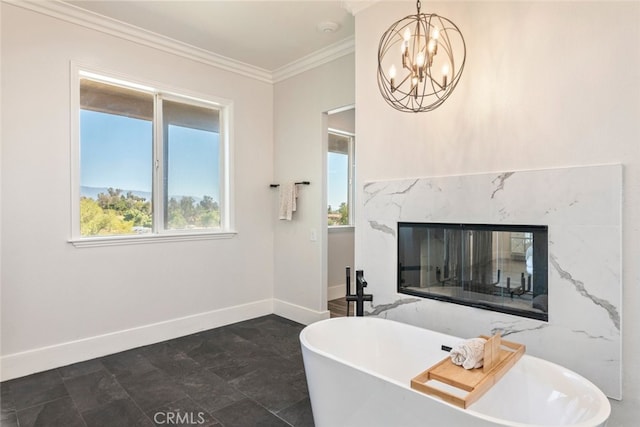 38855 Bella Vista Rd, Temecula, CA 92592 - living area with crown molding, baseboards, a high end fireplace, and a chandelier