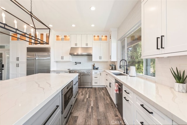38855 Bella Vista Rd, Temecula, CA 92592 - kitchen with built in appliances, a sink, under cabinet range hood, recessed lighting, and glass insert cabinets