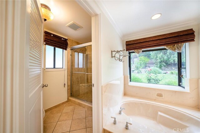 18337 Chatham Ln, Porter Ranch, CA 91326 - full bath with plenty of natural light, a garden tub, a shower stall, and crown molding