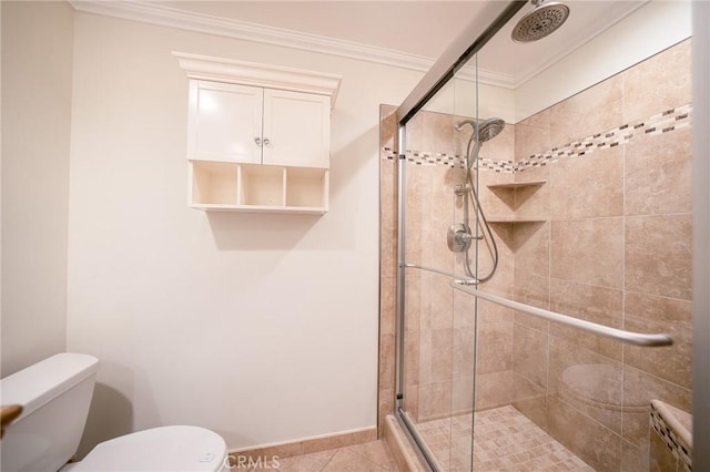 18337 Chatham Ln, Porter Ranch, CA 91326 - bathroom with a stall shower, ornamental molding, and tile patterned flooring