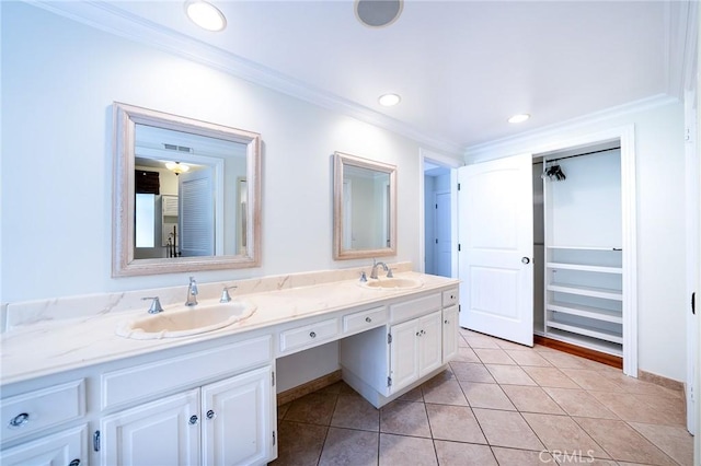 18337 Chatham Ln, Porter Ranch, CA 91326 - full bathroom featuring double vanity, ornamental molding, tile patterned flooring, recessed lighting, and a closet