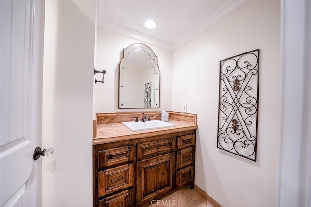18337 Chatham Ln, Porter Ranch, CA 91326 - bathroom featuring vanity, crown molding, tile patterned flooring, and decorative backsplash