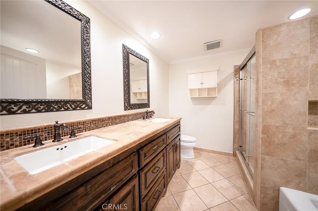 18337 Chatham Ln, Porter Ranch, CA 91326 - full bath with crown molding, double vanity, a shower stall, tile patterned floors, and recessed lighting