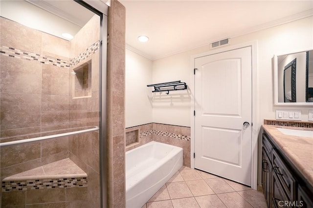 18337 Chatham Ln, Porter Ranch, CA 91326 - bathroom featuring vanity, a bath, tile patterned floors, a shower stall, and ornamental molding