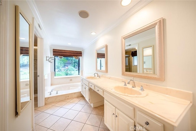 18337 Chatham Ln, Porter Ranch, CA 91326 - bathroom with double vanity, a bath, tile patterned floors, and ornamental molding