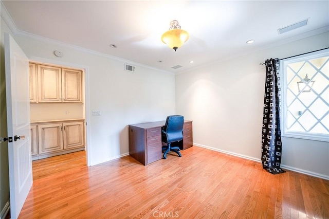 18337 Chatham Ln, Porter Ranch, CA 91326 - unfurnished office featuring light wood-type flooring, crown molding, and recessed lighting