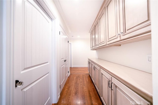 18337 Chatham Ln, Porter Ranch, CA 91326 - hallway with dark wood finished floors, ornamental molding, and recessed lighting
