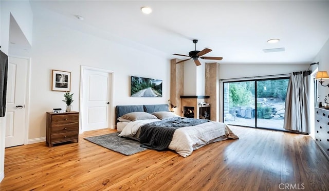 18337 Chatham Ln, Porter Ranch, CA 91326 - bedroom with vaulted ceiling, access to exterior, wood finished floors, and ceiling fan