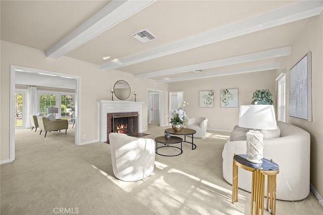 468 Gerona Ave, San Gabriel, CA 91775 - carpeted living room with beam ceiling, baseboards, and a brick fireplace